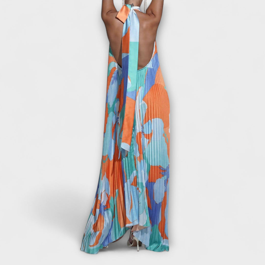 Vida---Schickes-Plissiertes-Halterneck-Rückenfreies-Midi-Dress-Mit-Trägerdesign