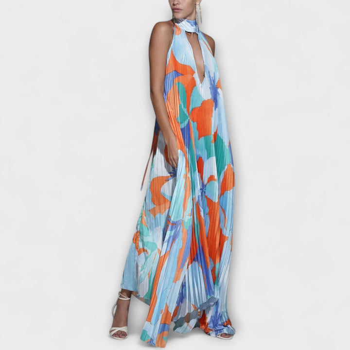 Vida---Schickes-Plissiertes-Halterneck-Rückenfreies-Midi-Dress-Mit-Trägerdesign
