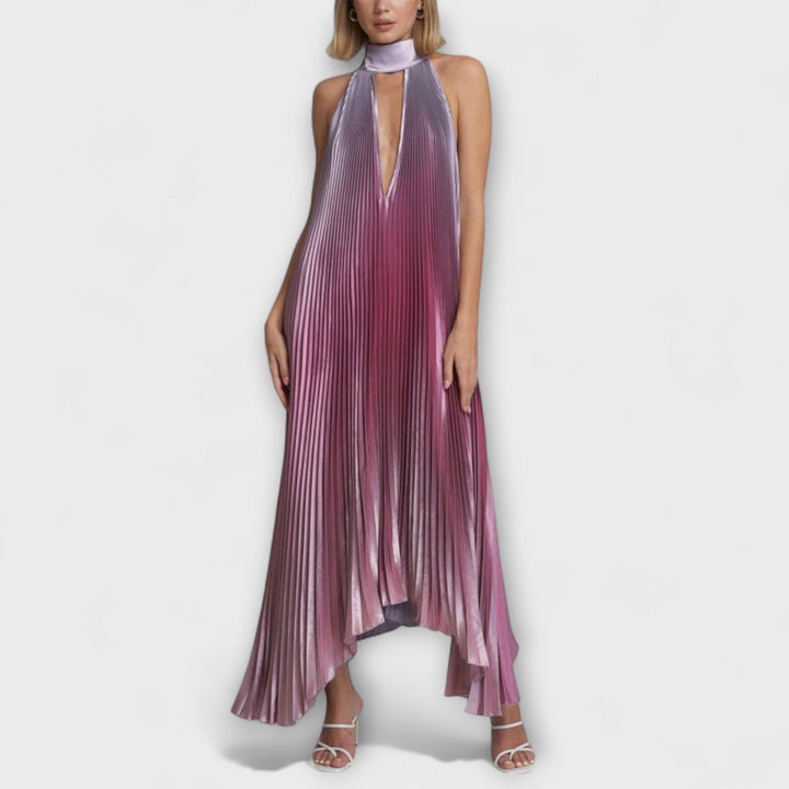 Vida---Schickes-Plissiertes-Halterneck-Rückenfreies-Midi-Dress-Mit-Trägerdesign