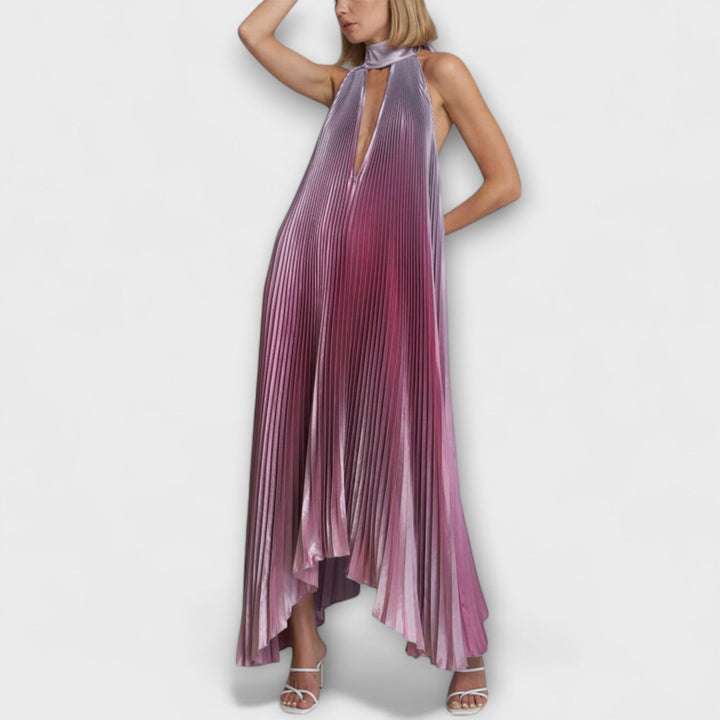 Vida---Schickes-Plissiertes-Halterneck-Rückenfreies-Midi-Dress-Mit-Trägerdesign