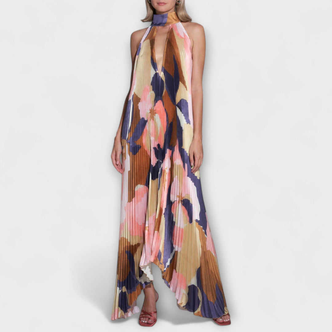 Vida---Schickes-Plissiertes-Halterneck-Rückenfreies-Midi-Dress-Mit-Trägerdesign