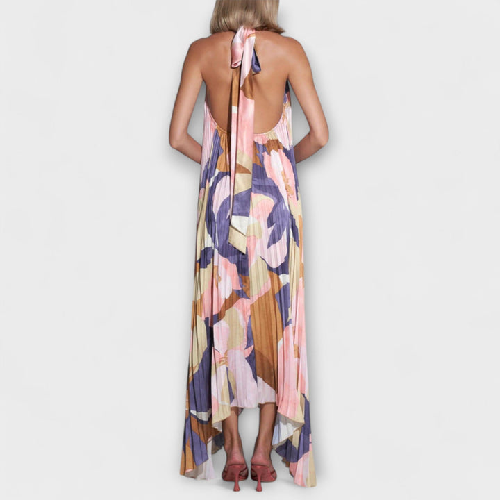 Vida---Schickes-Plissiertes-Halterneck-Rückenfreies-Midi-Dress-Mit-Trägerdesign