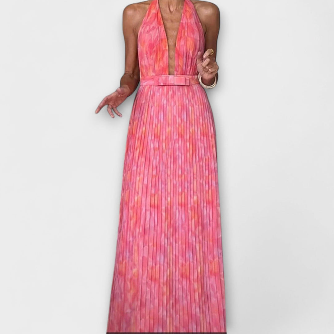 Seraphina---Schickes-Halter-Neck-V-Ausschnitt-Plissiertes-Maxidress