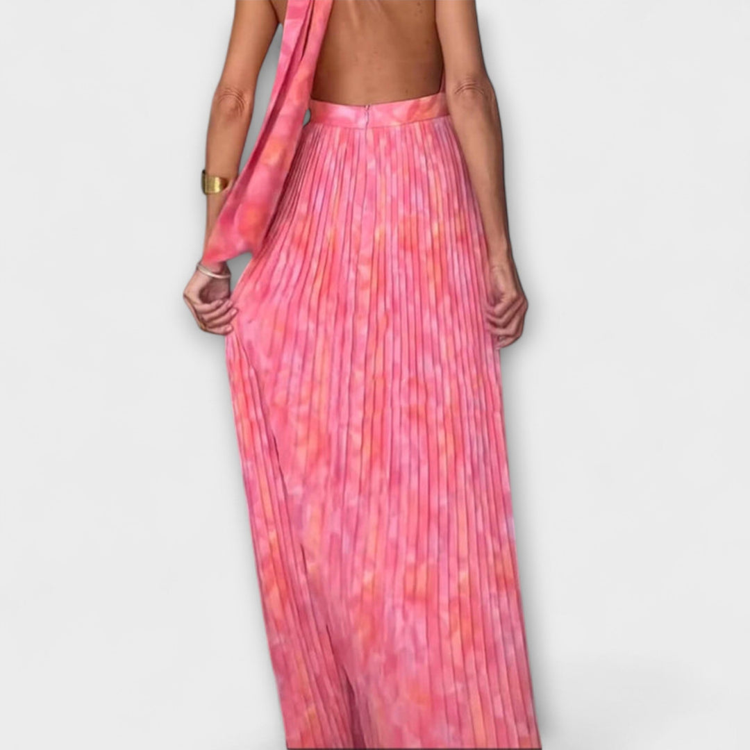 Seraphina---Schickes-Halter-Neck-V-Ausschnitt-Plissiertes-Maxidress