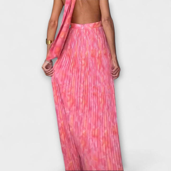 Seraphina---Schickes-Halter-Neck-V-Ausschnitt-Plissiertes-Maxidress