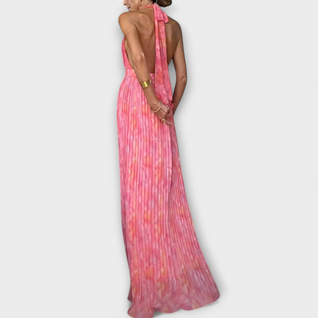 Seraphina---Schickes-Halter-Neck-V-Ausschnitt-Plissiertes-Maxidress