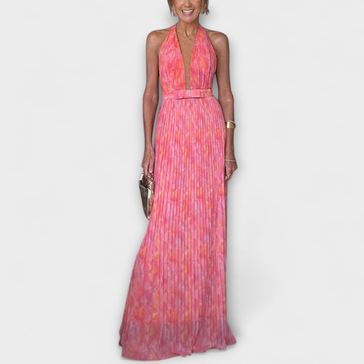 Seraphina---Schickes-Halter-Neck-V-Ausschnitt-Plissiertes-Maxidress