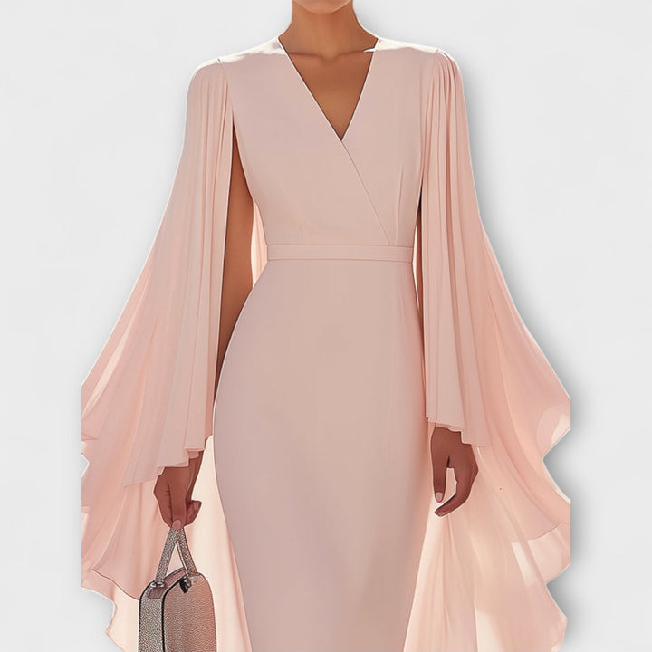 Rachel - Hellrosa Midi-Kleid mit V-Ausschnitt und Chiffon-Ärmel