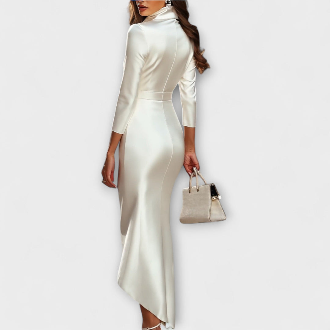 Rebecca - Elegantes weißes Satin-Midi-Kleid mit V-Ausschnitt