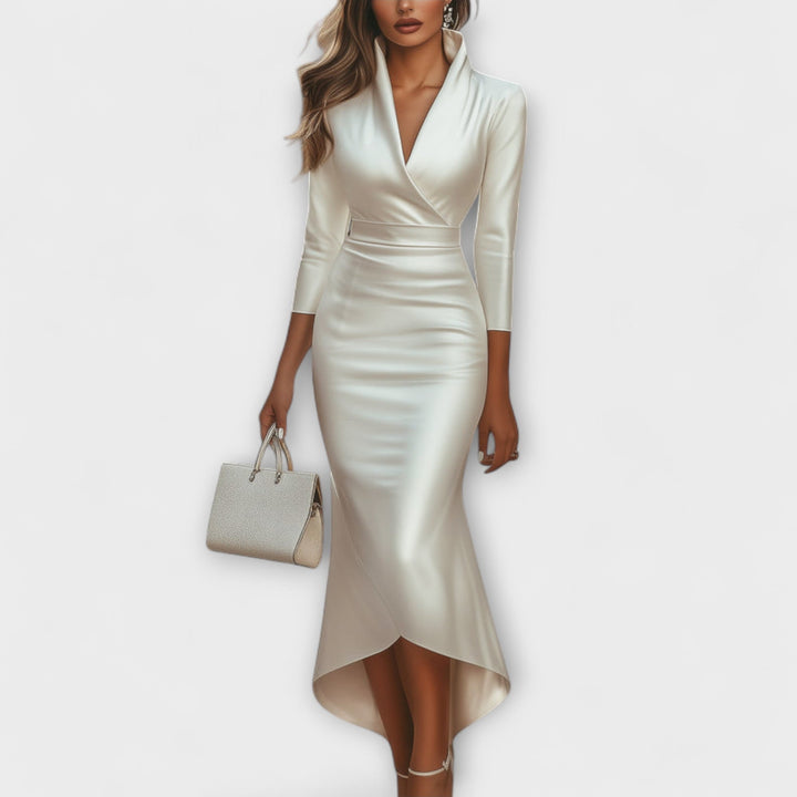 Rebecca - Elegantes weißes Satin-Midi-Kleid mit V-Ausschnitt