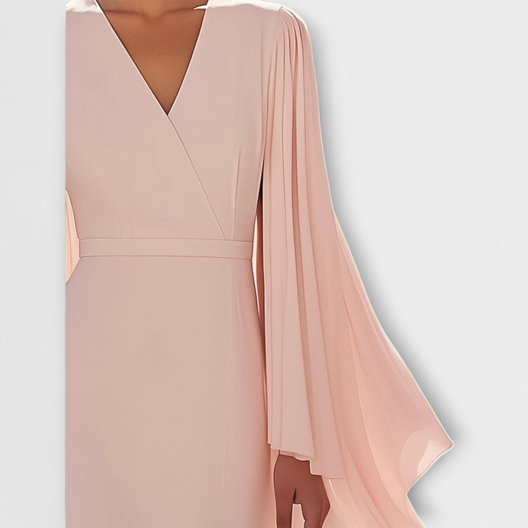 Rachel - Hellrosa Midi-Kleid mit V-Ausschnitt und Chiffon-Ärmel
