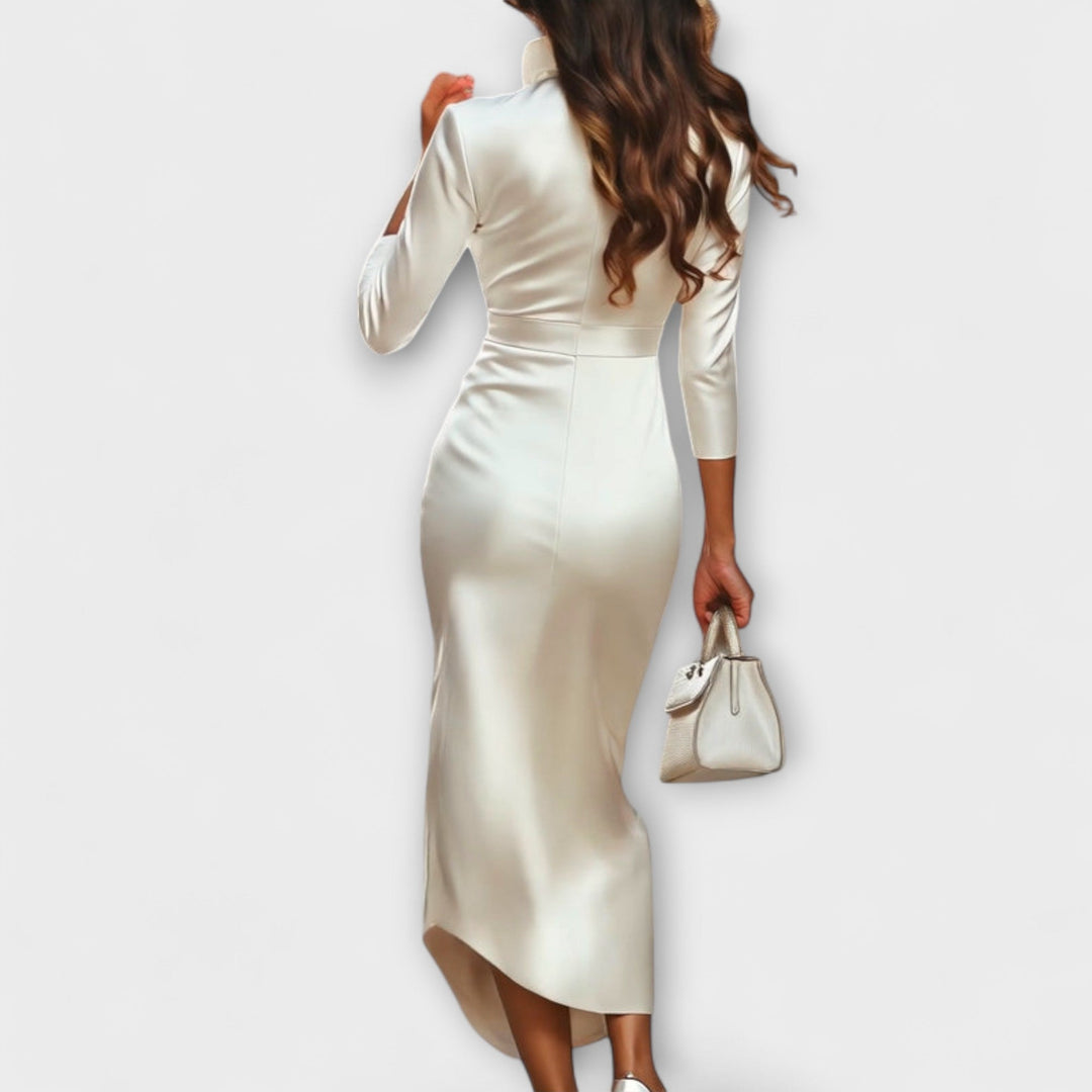 Rebecca - Elegantes weißes Satin-Midi-Kleid mit V-Ausschnitt
