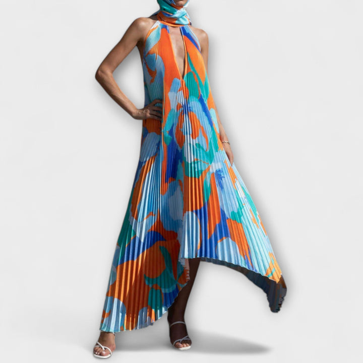 Vida---Schickes-Plissiertes-Halterneck-Rückenfreies-Midi-Dress-Mit-Trägerdesign