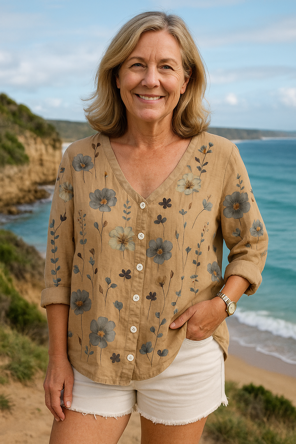 June | Cotton and Linen Floral Top - Natural Grace, Effortless Fit