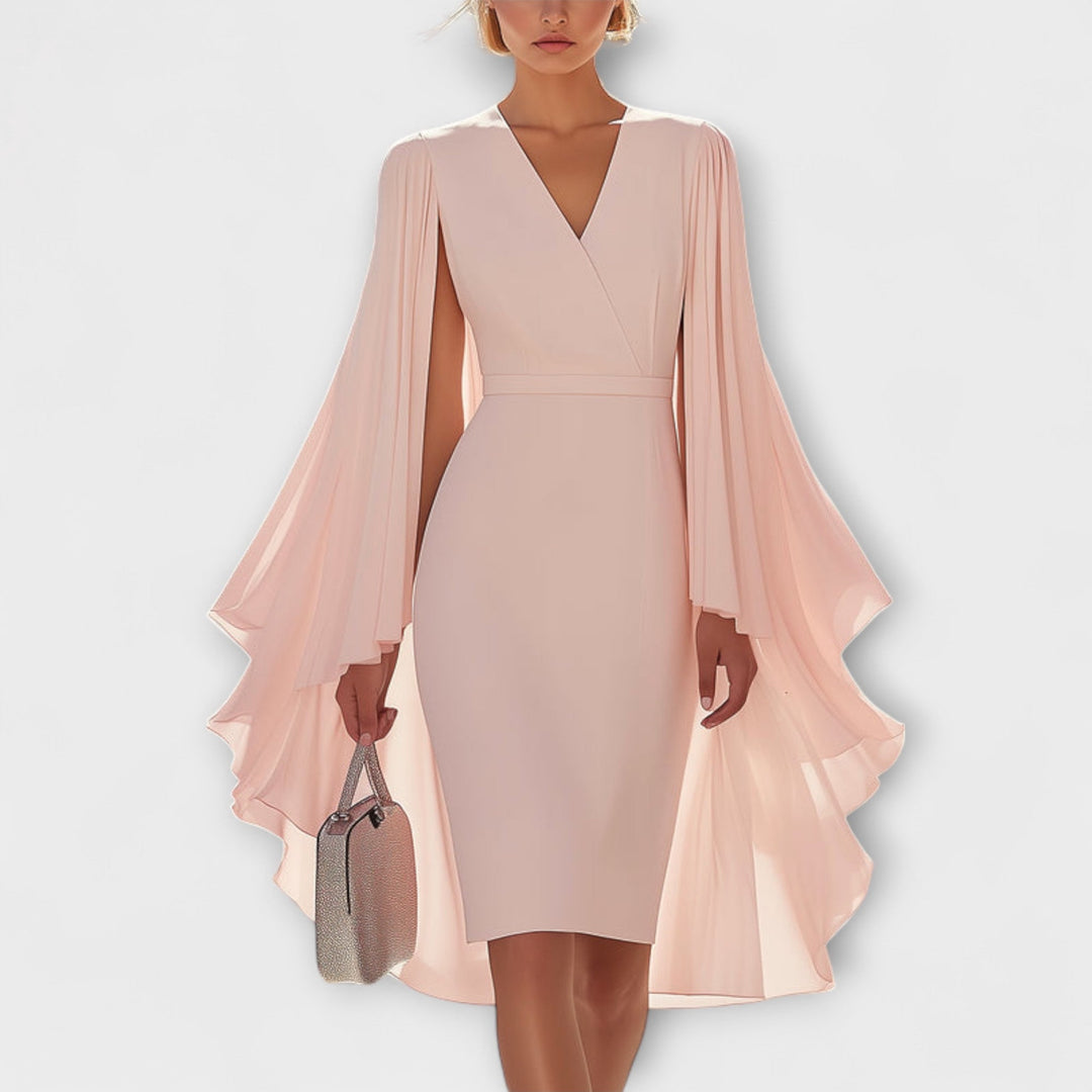 Rachel - Hellrosa Midi-Kleid mit V-Ausschnitt und Chiffon-Ärmel